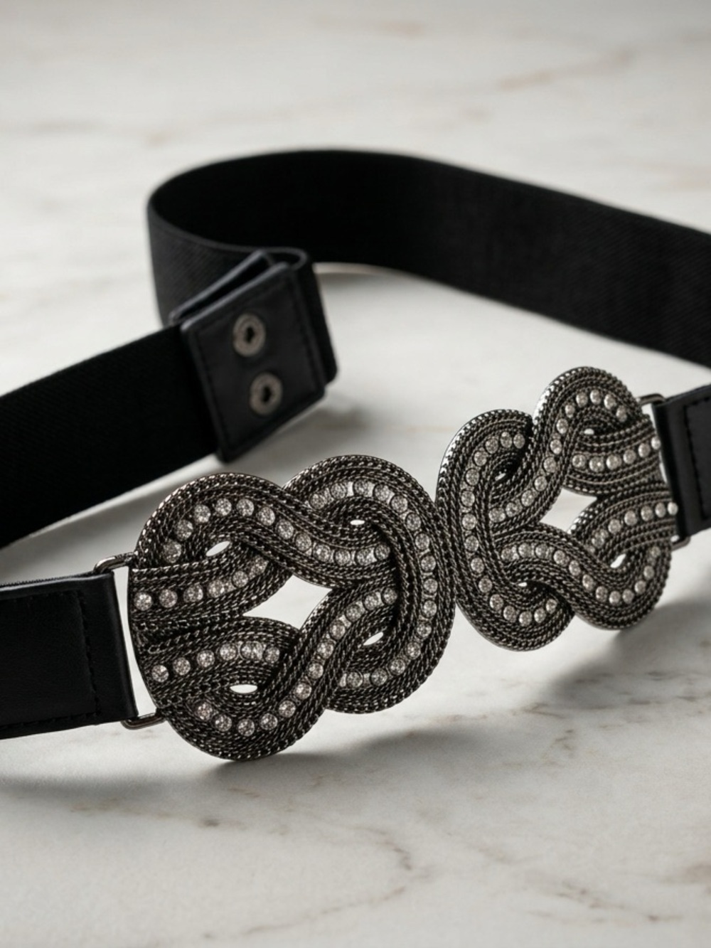 Black Elastic Stretch Belt Double Knot Rhinestones